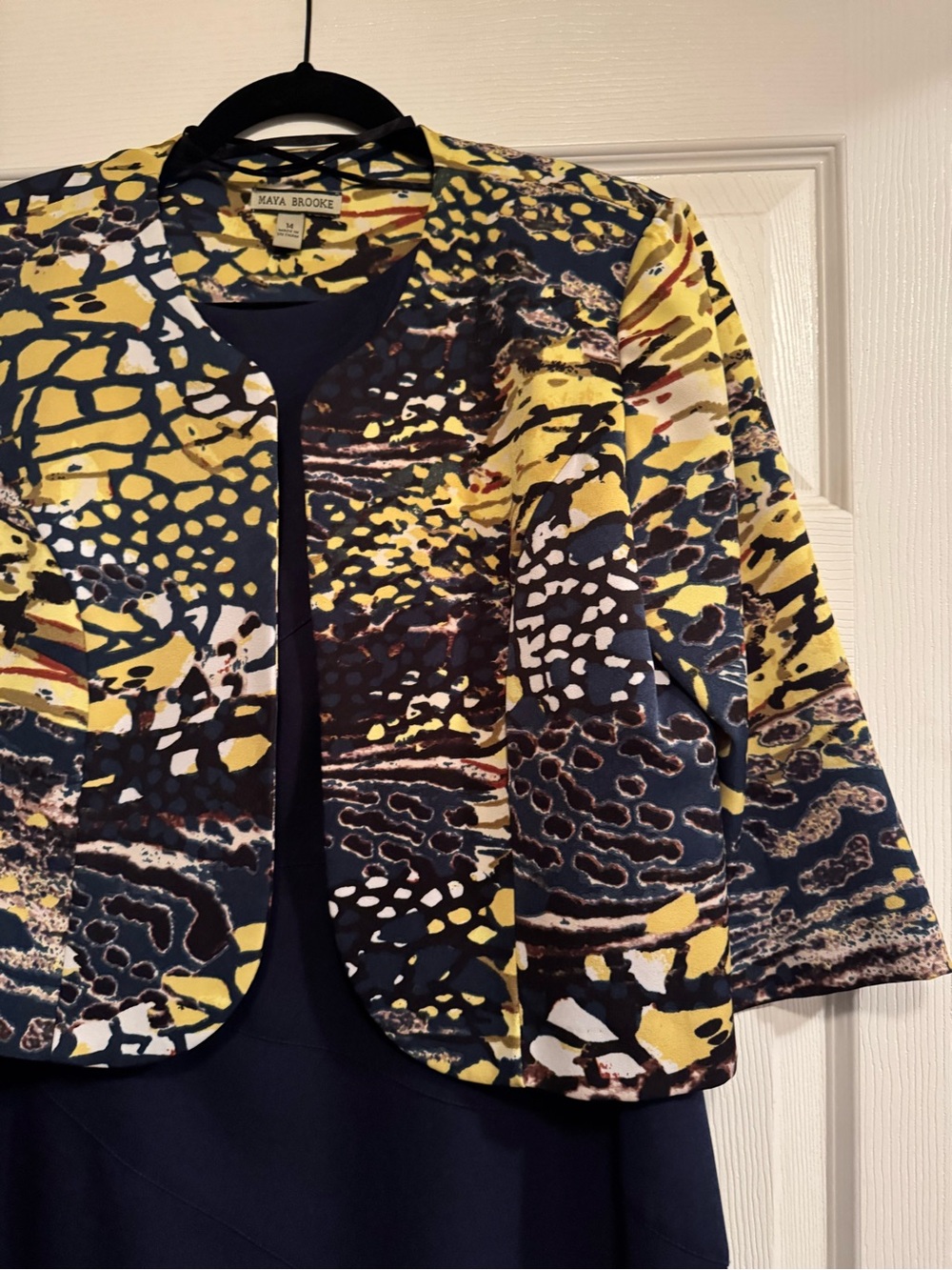 Maya Brooke 2pc Sz 14 Yellow & Navy Printed Jacket with Navy Sheath dress Set - Picture 5 of 13